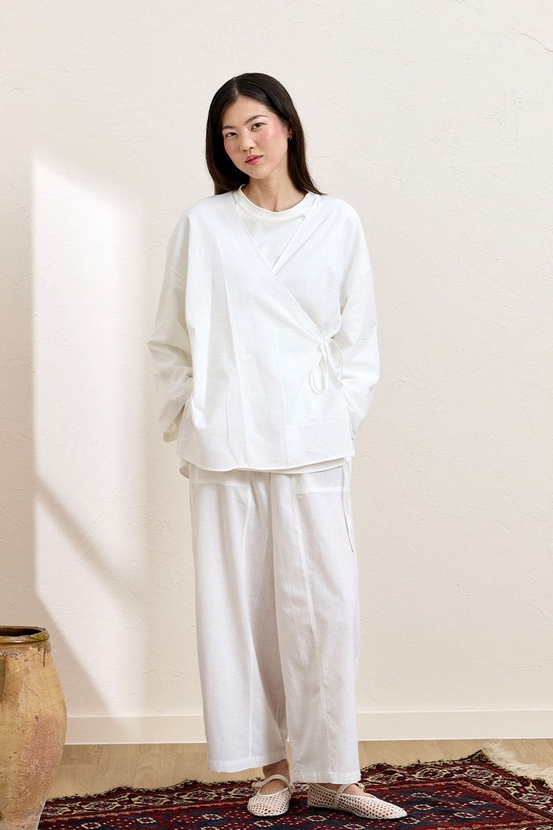 Beyaz Organik Keten Bağlamalı Tunik & Şalvar Pantolon Takım
