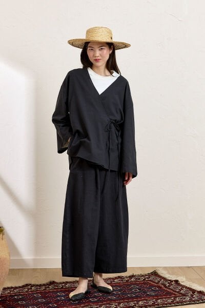Siyah Organik Keten Bağlamalı Tunik & Şalvar Pantolon Takım
