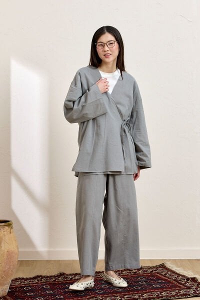 Gri Organik Keten Bağlamalı Tunik & Şalvar Pantolon Takım