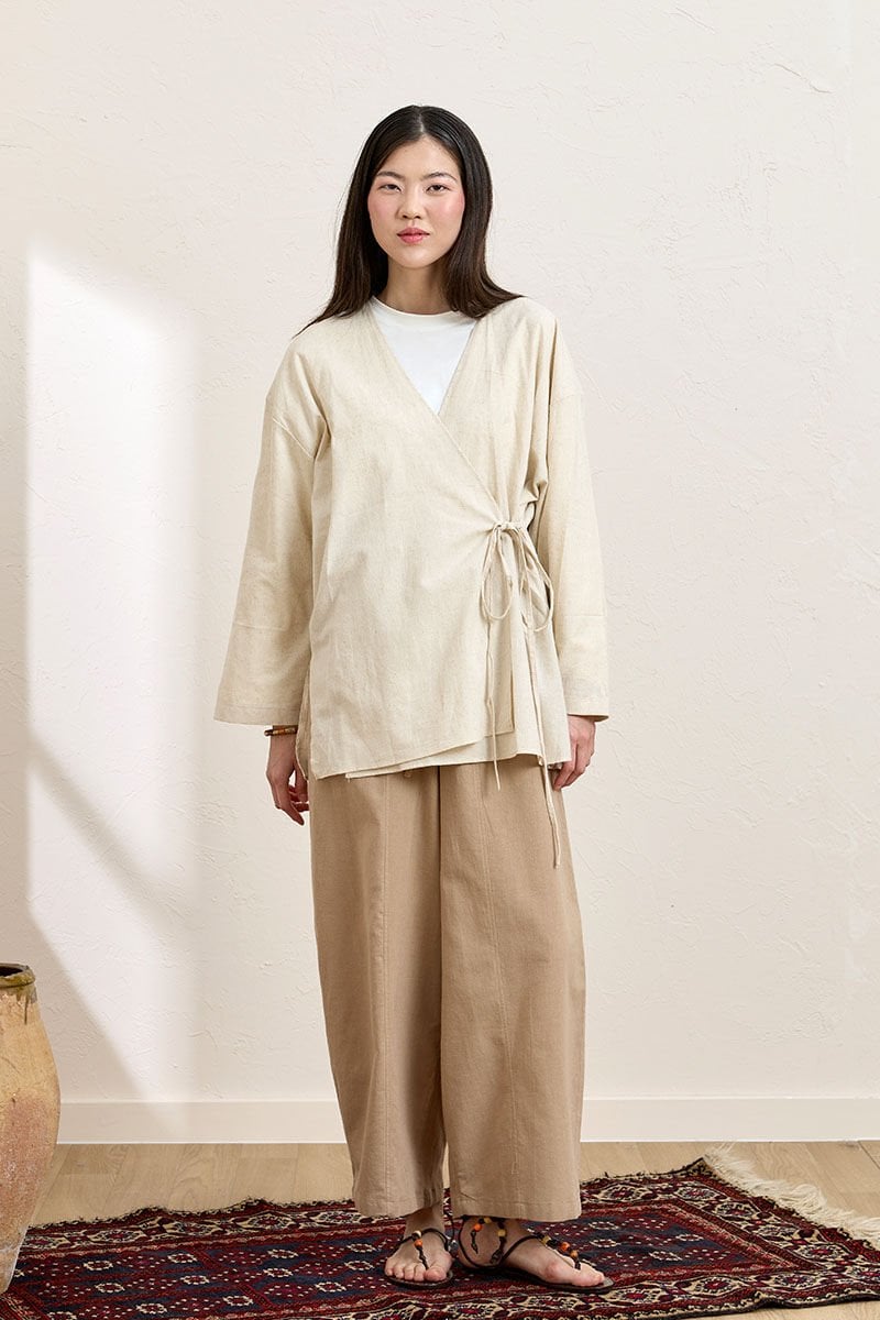 Krem Organik Keten Bağlamalı Tunik & Karamel Şalvar Pantolon Takım