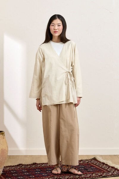 Krem Organik Keten Bağlamalı Tunik & Karamel Şalvar Pantolon Takım