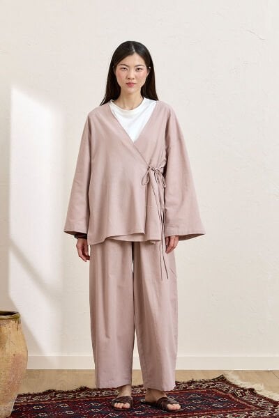 Soft Pembe Organik Keten Bağlamalı Tunik & Şalvar Pantolon Takım