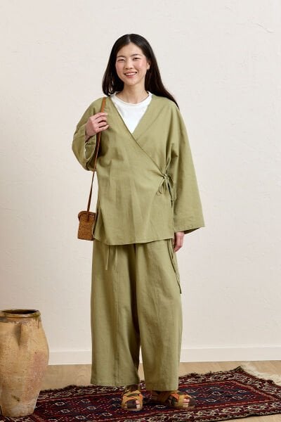 Haki Organik Keten Bağlamalı Tunik & Şalvar Pantolon Takım