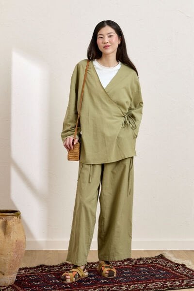 Haki Organik Keten Bağlamalı Tunik & Şalvar Pantolon Takım