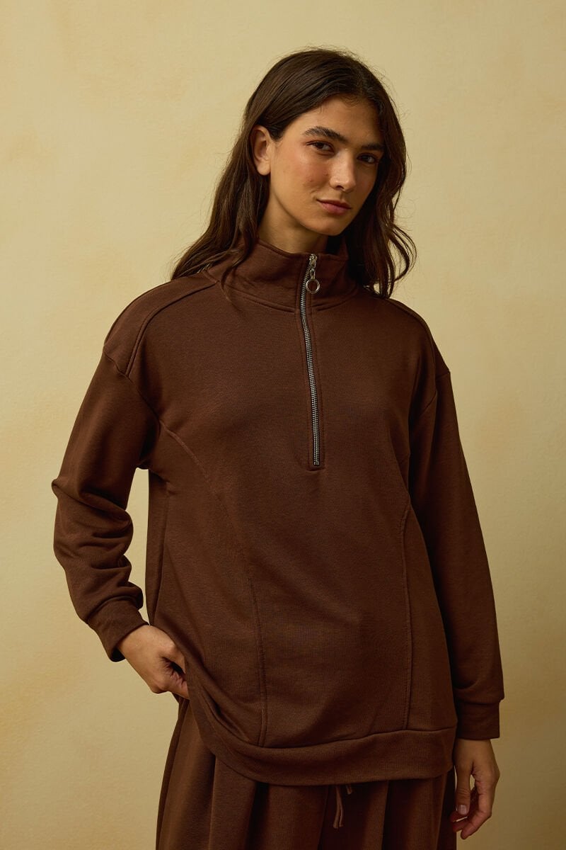 Acı Kahve 3 İplik Yarım Fermuarlı Sweat