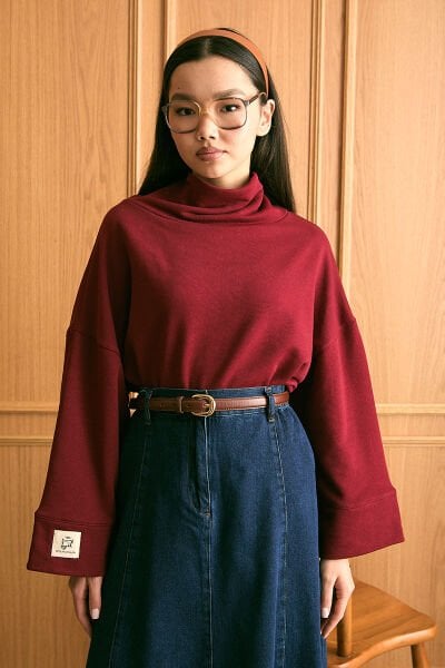 Bordo Dik Yaka Kışlık Bluz