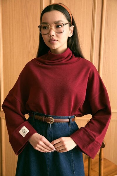 Bordo Dik Yaka Kışlık Bluz