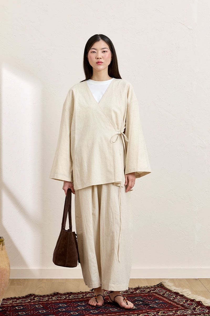 Krem Organik Keten Bağlamalı Tunik & Şalvar Pantolon Takım