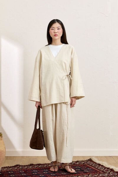 Krem Organik Keten Bağlamalı Tunik & Şalvar Pantolon Takım