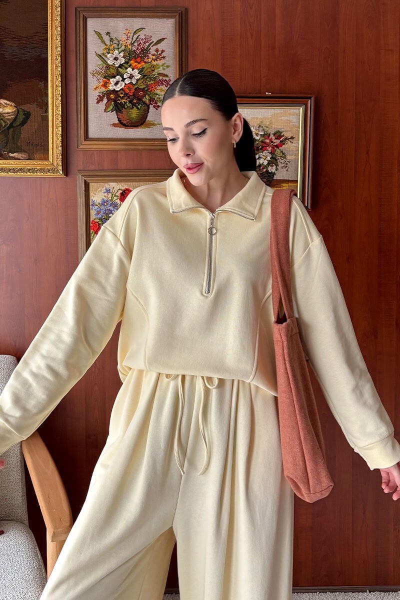 Tereyağ Sarısı 3 İplik Yarım Fermuarlı Sweat