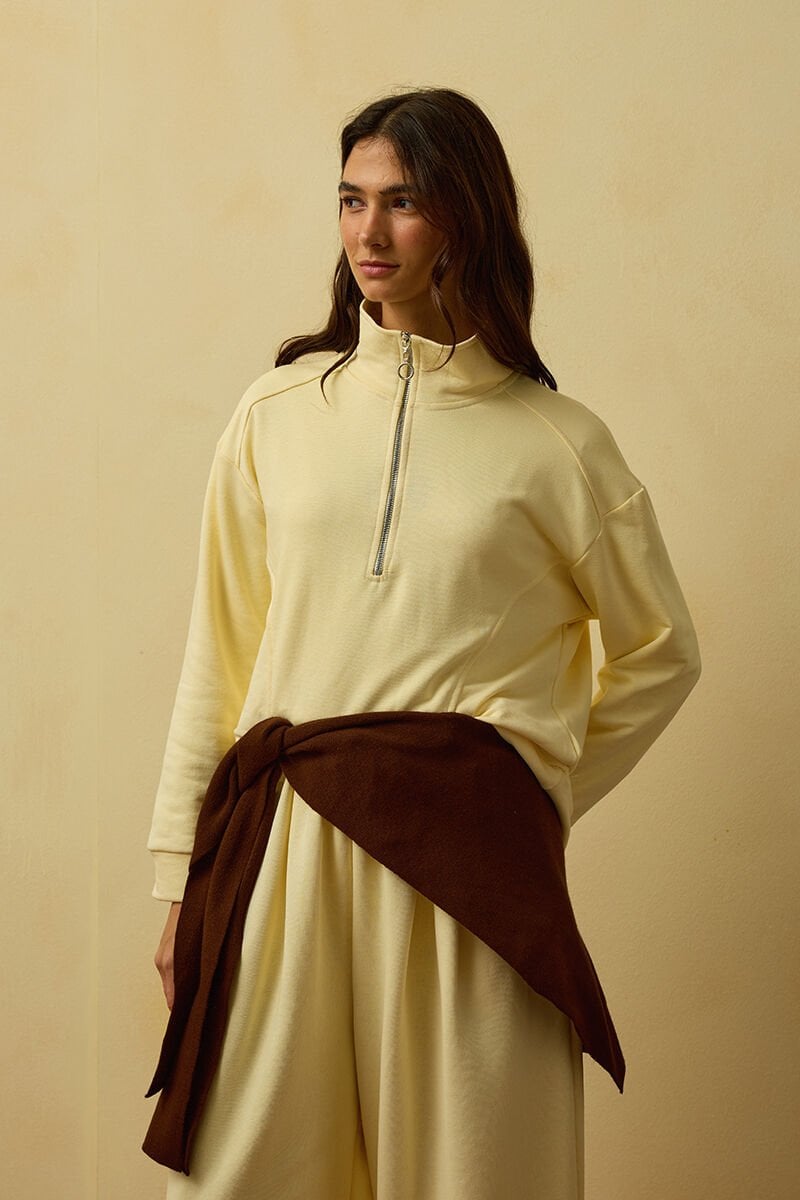 Tereyağ Sarısı 3 İplik Yarım Fermuarlı Sweat