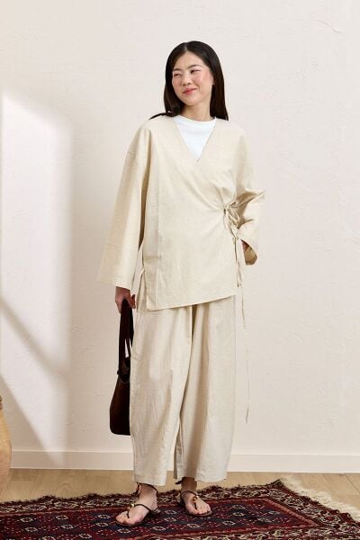 Krem Organik Keten Şalvar Pantolon