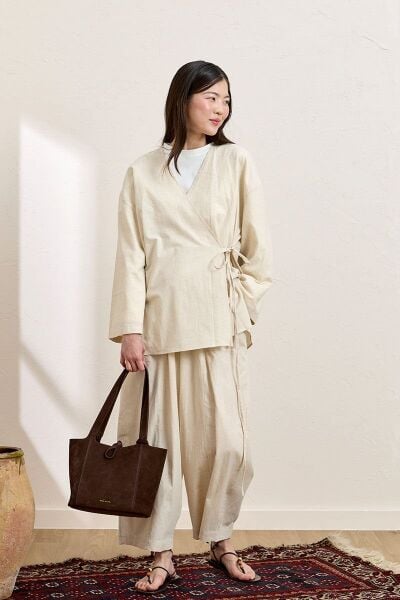 Krem Organik Keten Şalvar Pantolon