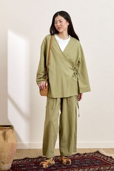 Haki Organik Keten Şalvar Pantolon