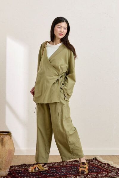 Haki Organik Keten Şalvar Pantolon