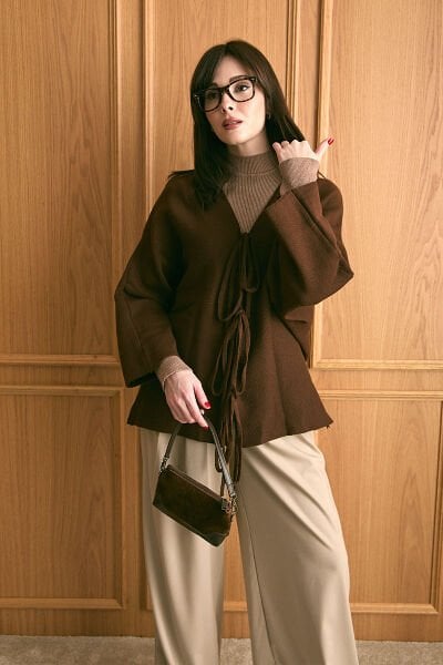 Acı Kahve 3 Fiyonklu Triko Ceket