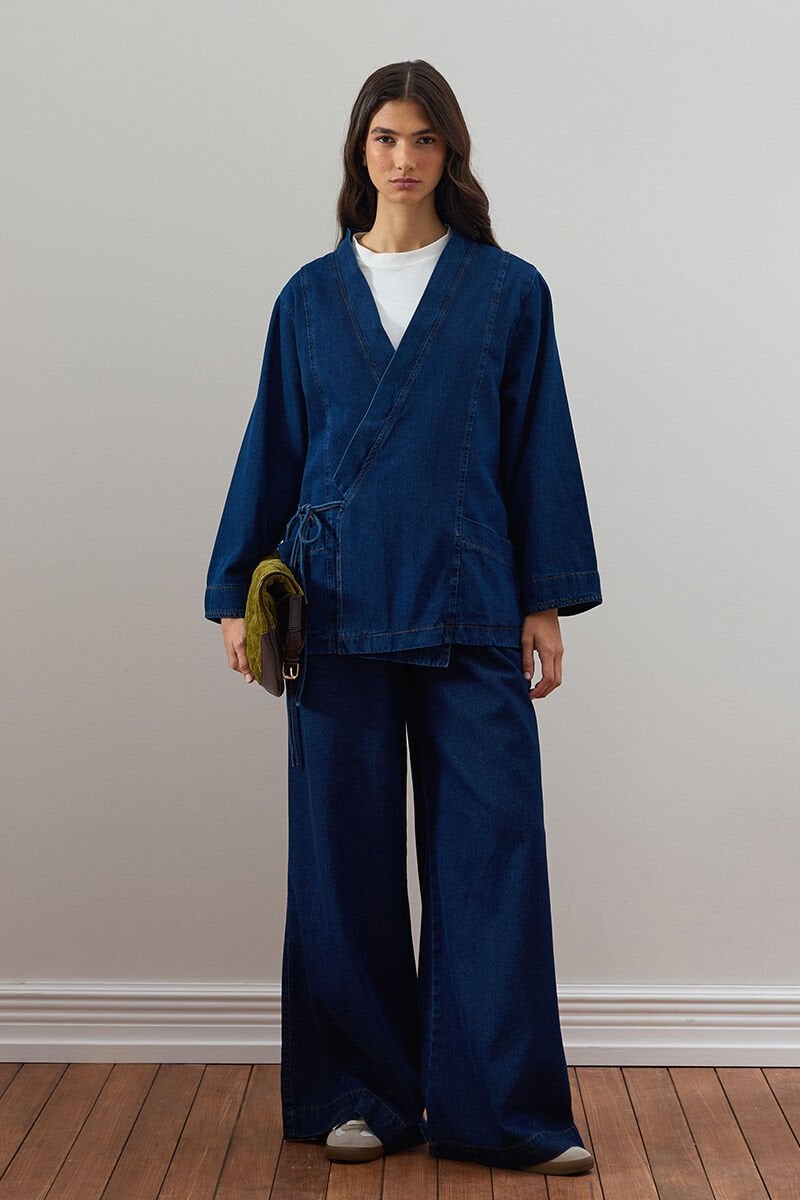 Kot Kruvaze Ceket & Lacivert Bol Paça Kot Pantolon Takım