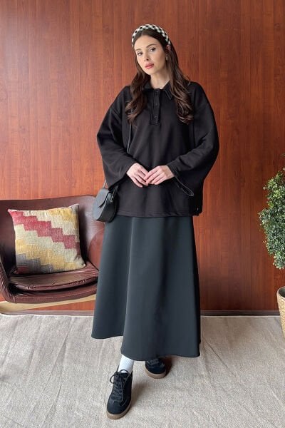 Siyah 3 İplik Polo Yaka Body & Siyah Scuba Etek Takım