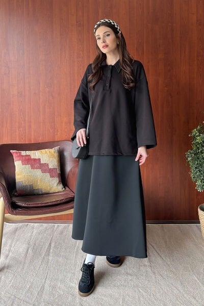 Siyah 3 İplik Polo Yaka Body & Siyah Scuba Etek Takım