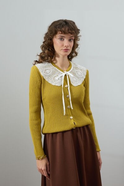 Yağ Yeşili Beyaz Yakalı Triko Hırka