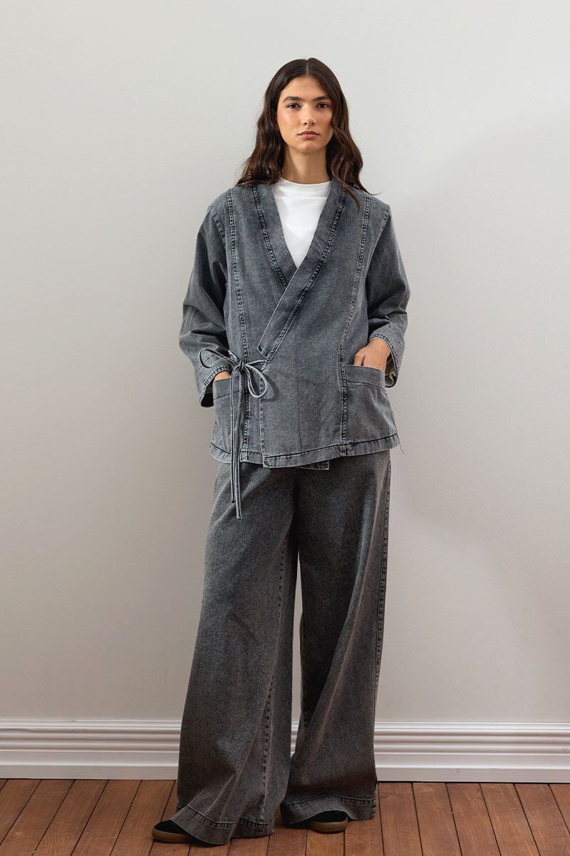 Antrasit Kruvaze Ceket & Antrasit Bol Paça Kot Pantolon Takım