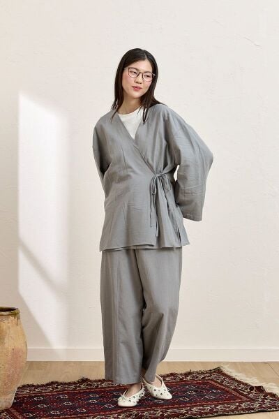 Gri Organik Keten Şalvar Pantolon