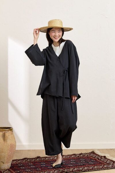 Siyah Organik Keten Şalvar Pantolon