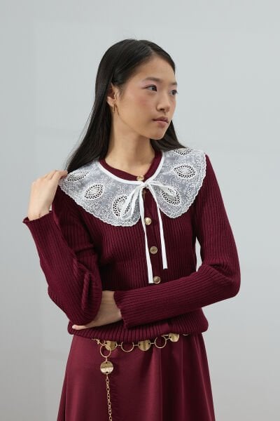 Bordo Beyaz Yakalı Triko Hırka