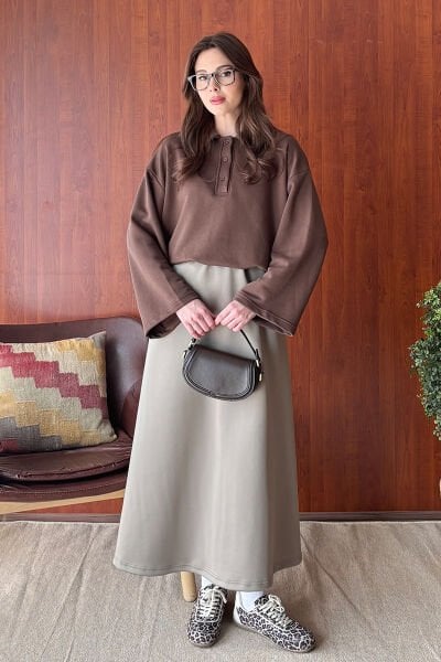 Acı Kahve 3 İplik Polo Yaka Body & Vizon Scuba Etek Takım