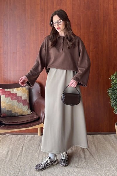 Acı Kahve 3 İplik Polo Yaka Body & Vizon Scuba Etek Takım