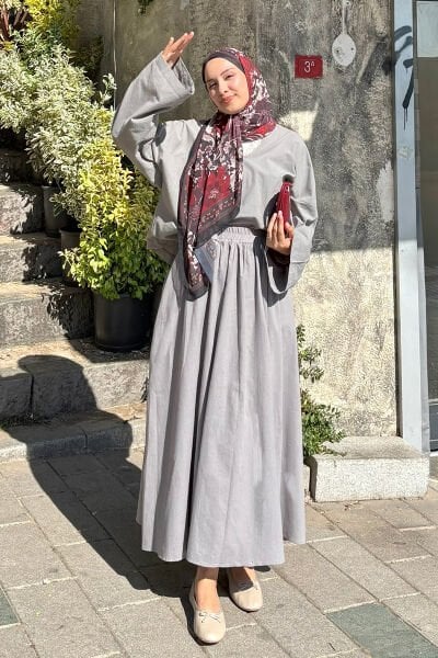 Gri Organik Keten Balon Etek