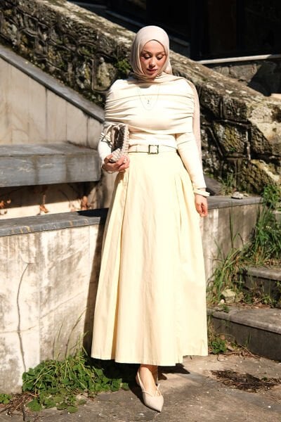 Tereyağ Sarısı Keten Pile Detay Etek