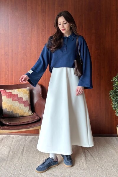 İndigo 3 İplik Polo Yaka Body & Ekru Scuba Etek Takım