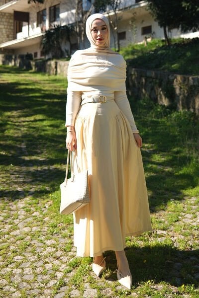 Tereyağ Sarısı Keten Pile Detay Etek