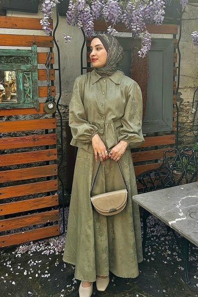 Çağla Yeşili Jakarlı Gömlek Etek Takım