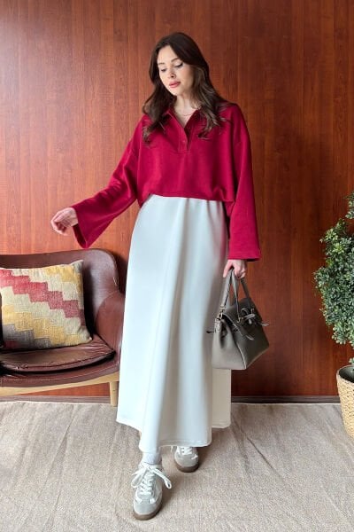 Bordo 3 İplik Polo Yaka Body & Ekru Scuba Etek Takım