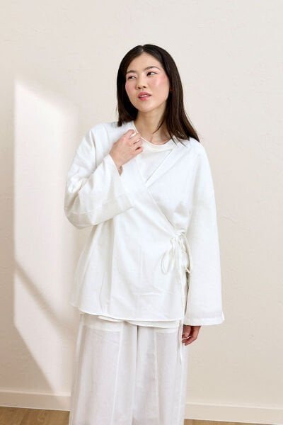 Beyaz Organik Keten Bağlamalı Tunik
