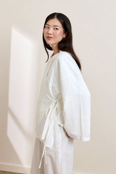 Beyaz Organik Keten Bağlamalı Tunik