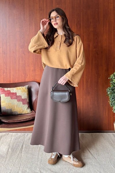 Karamel 3 İplik Polo Yaka Body & Acı Kahve Scuba Etek Takım