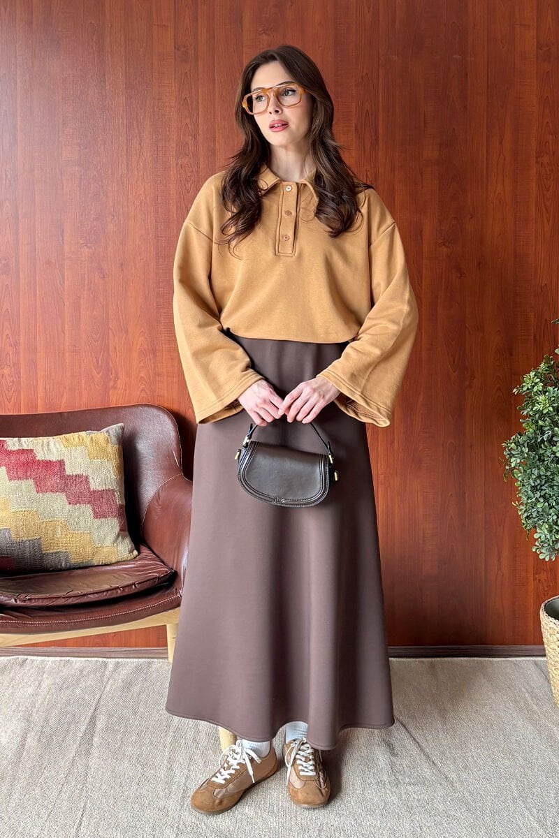 Karamel 3 İplik Polo Yaka Body & Acı Kahve Scuba Etek Takım