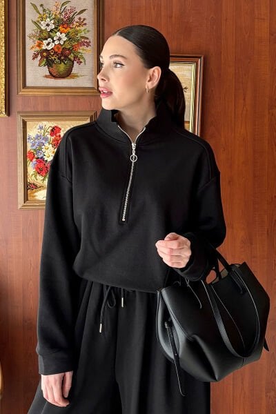 Siyah 3 İplik Yarım Fermuarlı Sweat