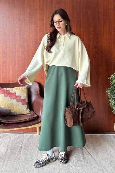 Tereyağ Sarısı 3 İplik Polo Yaka Body & Haki Scuba Etek Takım