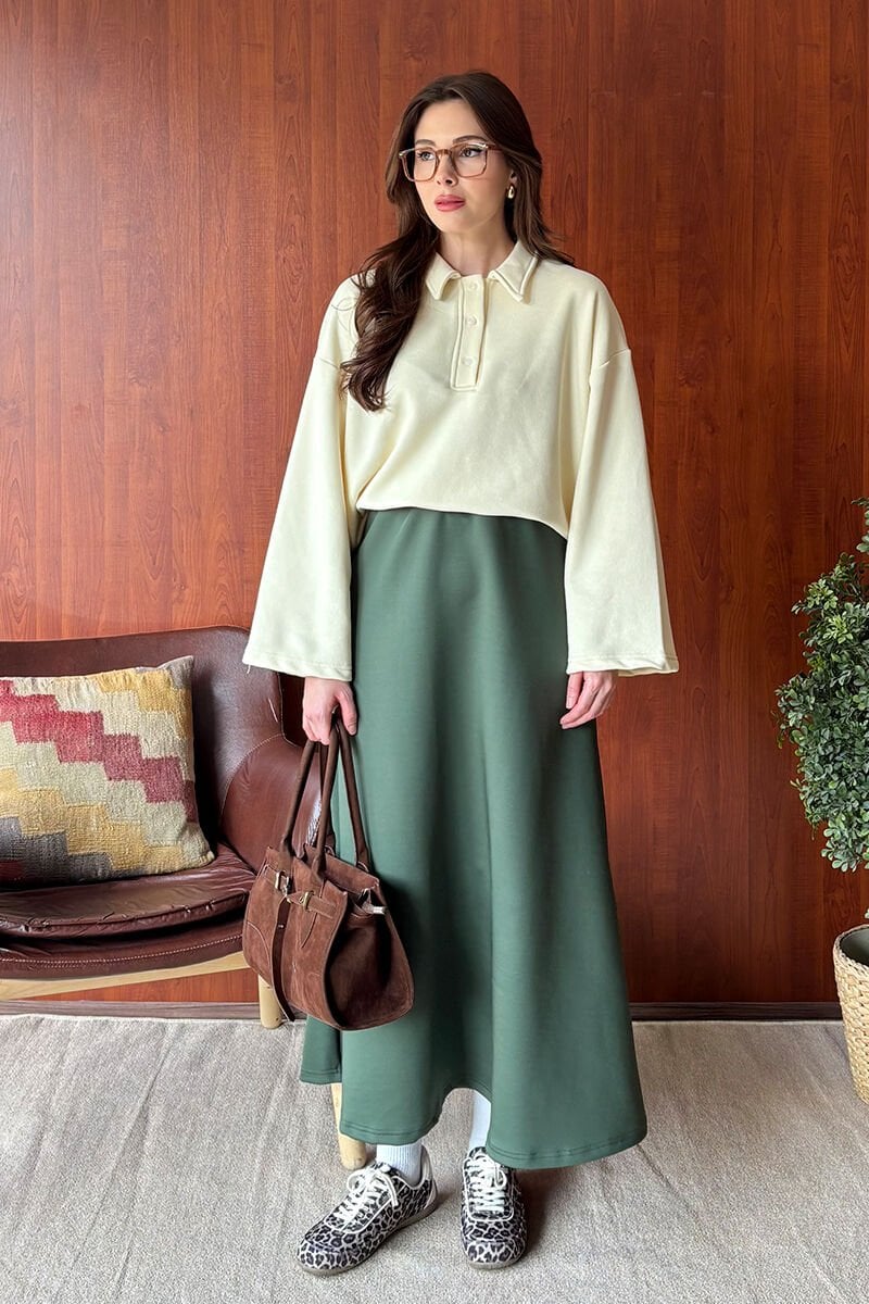 Tereyağ Sarısı 3 İplik Polo Yaka Body & Haki Scuba Etek Takım