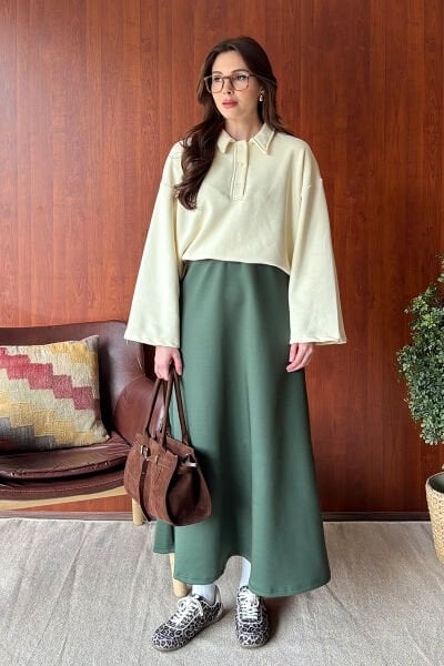 Tereyağ Sarısı 3 İplik Polo Yaka Body & Haki Scuba Etek Takım