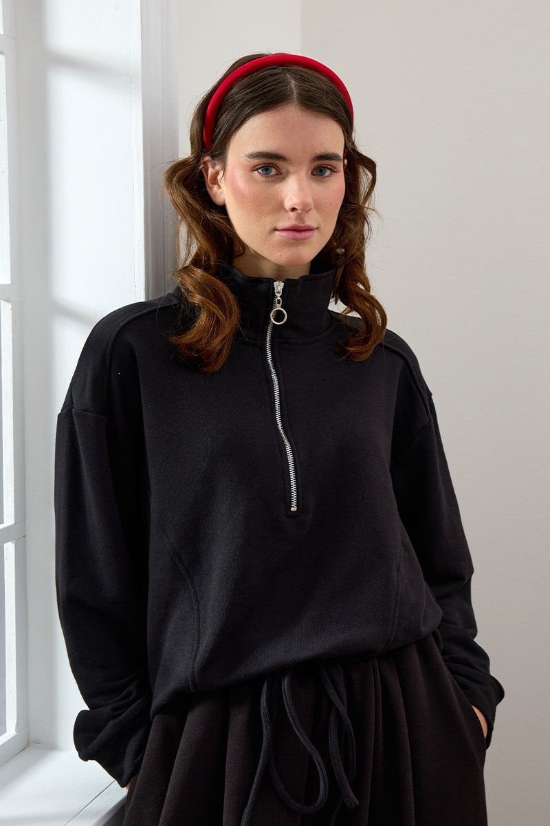 Siyah 3 İplik Yarım Fermuarlı Sweat