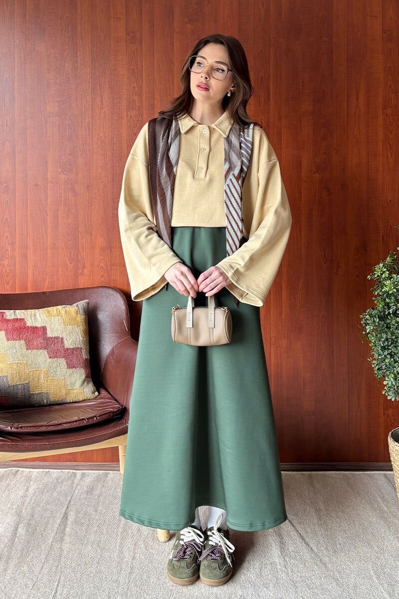 Bej 3 İplik Polo Yaka Body & Haki Scuba Etek Takım