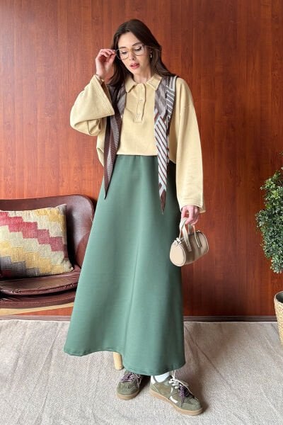 Bej 3 İplik Polo Yaka Body & Haki Scuba Etek Takım