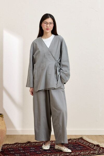 Gri Organik Keten Bağlamalı Tunik