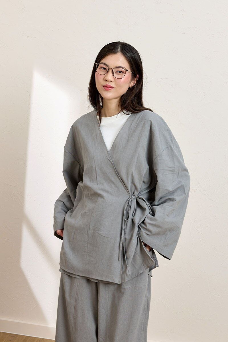 Gri Organik Keten Bağlamalı Tunik
