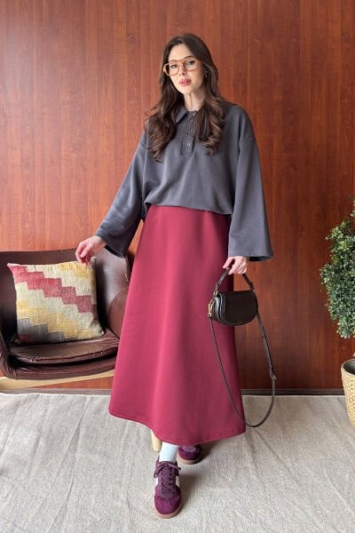 Antrasit 3 İplik Polo Yaka Body & Bordo Scuba Etek Takım